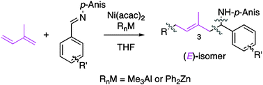 Graphical abstract: Nickel-catalyzed four-component connection of oraganoaluminium (organozinc), isoprene, aldehydes and amines: stereo- and regioselective synthesis of trisubstituted (E)-homoallylamines