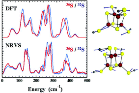 Graphical abstract: Dynamics of an [Fe4S4(SPh)4]2− cluster explored via IR, Raman, and nuclear resonance vibrational spectroscopy (NRVS)-analysis using 36S substitution, DFT calculations, and empirical force fields