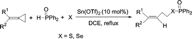 Graphical abstract: Lewis acid catalyzed ring-opening reactions of methylenecyclopropanes with diphenylphosphine oxide in the presence of sulfur or selenium
