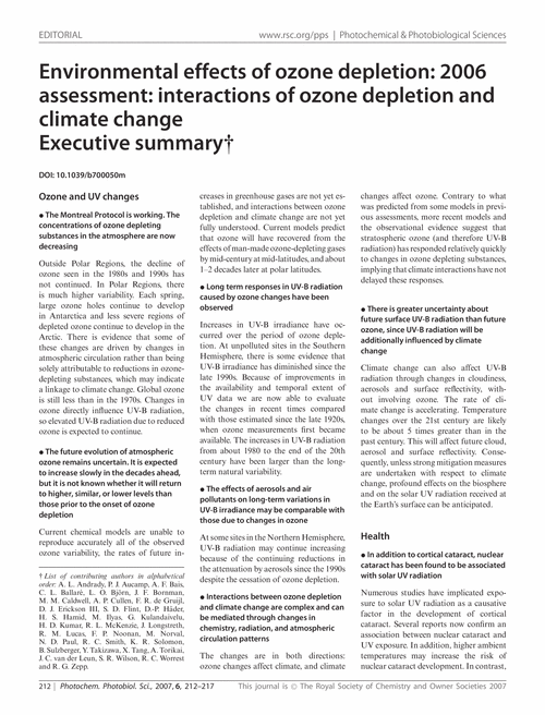 Environmental effects of ozone depletion: 2006 assessment: interactions of ozone depletion and climate change Executive summary
