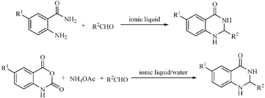 Graphical abstract: Eco-friendly synthesis of 2,3-dihydroquinazolin-4(1H)-ones in ionic liquids or ionic liquid–water without additional catalyst