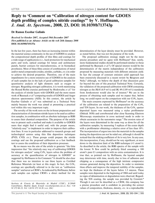Reply to ‘Comment on “Calibration of nitrogen content for GDOES depth profiling of complex nitride coatings”’ by V. Hoffmann, J. Anal. At. Spectrom., 2008, 23, DOI: 10.1039/b713743p