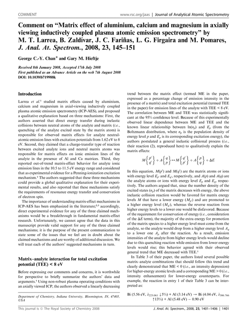 Comment on “Matrix effect of aluminium, calcium and magnesium in axially viewing inductively coupled plasma atomic emission spectrometry” by M. T. Larrea, B. Zaldívar, J. C. Fariñas, L. G. Firgaira and M. Pomares, J. Anal. At. Spectrom., 2008, 23, 145–151