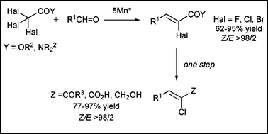 Graphical abstract: Stereoselective synthesis of (Z)-α-haloacrylic acid derivatives, and (Z)-haloallylic alcohols from aldehydes and trihaloesters or amides promoted by Rieke manganese