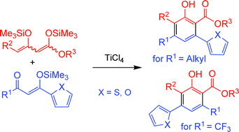Graphical abstract: One-pot synthesis of 6-(thien-2-yl)- and 6-(fur-2-yl)salicylates based on regioselective [3 + 3] cyclocondensations of 1,3-bis(trimethylsilyloxy)-1,3-butadienes