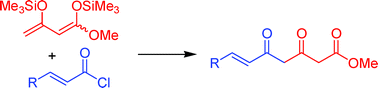 Graphical abstract: Regioselective synthesis of functionalized 3,5-diketoesters and 2,4-diketosulfones by uncatalyzed condensation of 1-methoxy-1,3-bis(trimethylsilyloxy)-1,3-butadienes with α,β-unsaturated acid chlorides and sulfonyl chlorides