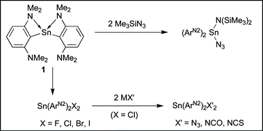 Graphical abstract: Synthesis and structures of halides and pseudohalides of bis[2,6-bis(dimethylamino)phenyl]tin(iv)