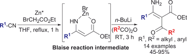 Graphical abstract: The first chemoselective tandem acylation of the Blaise reaction intermediate: a novel method for the synthesis of α-acyl-β-enamino esters, key intermediate for pyrazoles