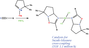 Graphical abstract: PdII-promoted [2 + 3] cycloaddition of pyrroline N-oxide to organonitriles. Application of (Δ4-1,2,4-oxadiazoline)-PdII complexes in the Suzuki–Miyaura reaction