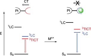 Graphical abstract: Localised to intraligand charge-transfer states in cyclometalated platinum complexes: an experimental and theoretical study into the influence of electron-rich pendants and modulation of excited states by ion binding