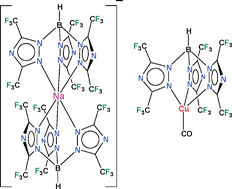 Graphical abstract: Sandwiched sodium and half-sandwiched copper carbonyl complexes featuring polyfluorinated tris(triazolyl)borate [HB(3,5-(CF3)2Tz)3]−