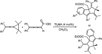 Graphical abstract: Triflic imide-catalyzed cascade cycloaddition and Friedel–Crafts reaction of diarylvinylidenecyclopropanes with ethyl 5,5-diarylpenta-2,3,4-trienoate