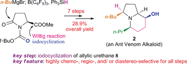 Graphical abstract: A concise and fully selective synthesis of the ant venom alkaloid (3S,5R,8S,9S)-3-butyl-5-propyl-8-hydroxyindolizidine