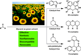 Graphical abstract: Glycerol as a promoting medium for electrophilic activation of aldehydes: catalyst-free synthesis of di(indolyl)methanes, xanthene-1,8(2H)-diones and 1-oxo-hexahydroxanthenes