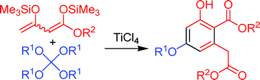 Graphical abstract: Synthesis of 3-hydroxy-5-alkoxyhomophthalates by domino ‘2 : 1-coupling/intramolecular aldol condensation’ reactions of 1,3-bis(trimethylsilyloxy)-1,3-butadienes with tetraalkoxymethanes