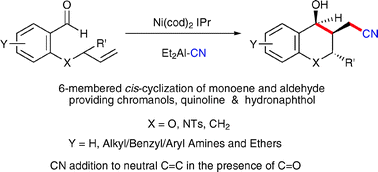 Graphical abstract: Cyanative alkene–aldehyde coupling: Ni(0)–NHC–Et2AlCN mediated chromanol synthesis with high cis-selectivity at room temperature