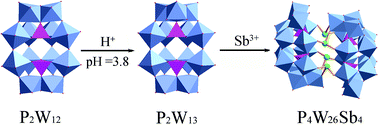 Graphical abstract: Coordination between [H2P2W12O48]12− and antimony(iii): synthesis and characterization of sandwich complex derived from the new {P2W13O51} fragment