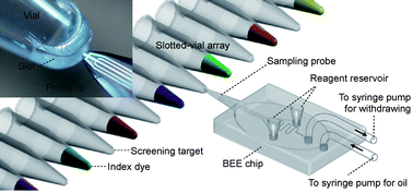 Graphical abstract: High-throughput sample introduction for droplet-based screening with an on-chip integrated sampling probe and slotted-vial array