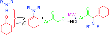 Graphical abstract: Solvent-free microwave-assisted multi-component reaction for preparation of 2-amino-1-aryl-2-(cyclohex-1-enyl)ethanones as precursors of pseudoephedrine analogues