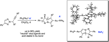 Graphical abstract: Synthesis and characterization of organogold complexes containing an acid stable Au–C bond through triazole-yne 5-endo-dig cyclization