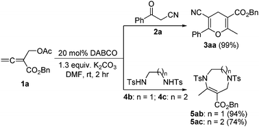 Graphical abstract: Amine-catalyzed (3+n) annulations of 2-(acetoxymethyl)buta-2,3-dienoates with 1,n-bisnucleophiles (n = 3–5)