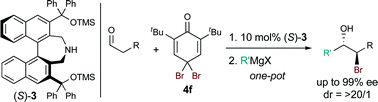 Graphical abstract: Direct asymmetric bromination of aldehydes catalyzed by a binaphthyl-based secondary amine: highly enantio- and diastereoselective one-pot synthesis of bromohydrins