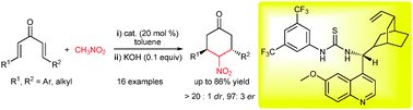 Graphical abstract: Efficient synthesis of optically active 4-nitro-cyclohexanones via bifunctional thiourea-base catalyzed double-Michael addition of nitromethane to dienones