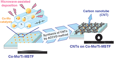 Graphical abstract: Design of superhydrophobic surfaces by synthesis of carbon nanotubes over Co–Mo nanocatalysts deposited under microwave irradiation on Ti-containing mesoporous silica thin films