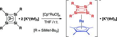 Graphical abstract: A two-and-a-half-layer sandwich: potassium salt of anionic (η4-tetrasilacyclobutadiene)(η5-cyclopentadienyl)ruthenium