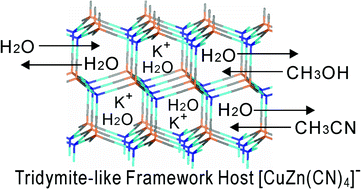 Graphical abstract: Tridymite-like host clathrate [K(H2O)n][CuZn(CN)4]: crystal structure, guest molecular motion and properties