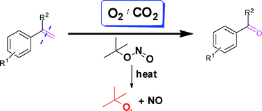 Graphical abstract: Tert-butyl nitrite: a metal-free radical initiator for aerobic cleavage of benzylic C [[double bond, length as m-dash]] C bonds in compressed carbon dioxide