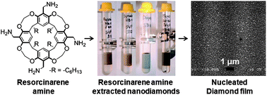 Graphical abstract: Resorcinarene amine stabilized nanodiamond dispersions in organic solvents: applications in diamond film growth