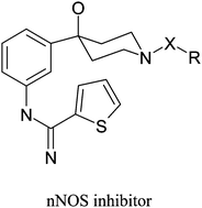 Graphical abstract: Structure-based design, synthesis, and profiling of potent and selective neuronal nitric oxide synthase (nNOS) inhibitors with an amidinothiophene hydroxypiperidine scaffold