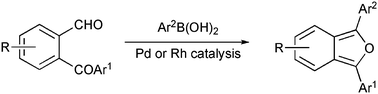 Graphical abstract: Regiospecific synthesis of functionalised 1,3-diarylisobenzofurans via palladium- and rhodium-catalysed reaction of boronic acids with o-acylbenzaldehydes under thermal or microwave activation