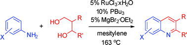 Graphical abstract: Ruthenium-catalysed synthesis of 2- and 3-substituted quinolines from anilines and 1,3-diols