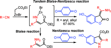 Graphical abstract: Tandem Blaise–Nenitzescu reaction: one-pot synthesis of 5-hydroxy-α-(aminomethylene)benzofuran-2(3H)-ones from nitriles