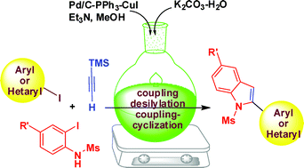 Graphical abstract: Sequential coupling/desilylation–coupling/cyclization in a single pot under Pd/C–Cu catalysis: Synthesis of 2-(hetero)aryl indoles