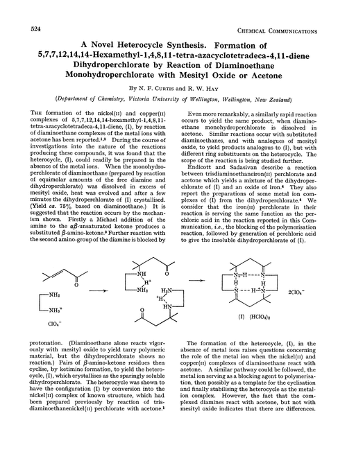 A novel heterocycle synthesis. Formation of 5,7,7,12,14,14-hexamethyl-1,4,8,11-tetra-azacyclotetradeca-4,11-diene dihydroperchlorate by reaction of diaminoethane monohydroperchlorate with mesityl oxide or acetone