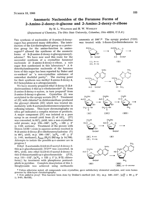 Anomeric nucleosides of the furanose forms of 2-amino-2-deoxy-D-glucose and 2-amino-2-deoxy-D-ribose