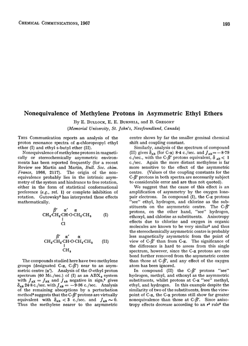 Nonequivalence of methylene protons in asymmetric ethyl ethers