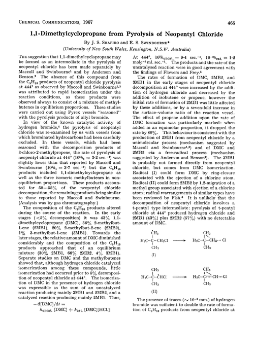 1,1-Dimethylcyclopropane from pyrolysis of neopentyl chloride