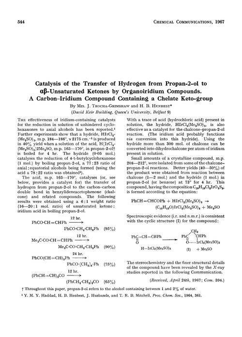 Catalysis of the transfer of hydrogen from propan-2-ol to αβ-unsaturated ketones by organoiridium compounds. A carbon–iridium compound containing a chelate keto-group