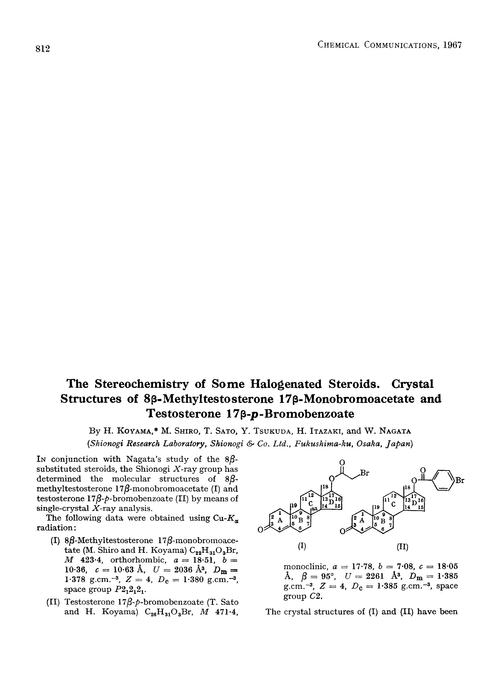 The stereochemistry of some halogenated steroids. Crystal structures of 8β-methyltestosterone 17β-monobromoacetate and testosterone 17β-p-bromobenzoate
