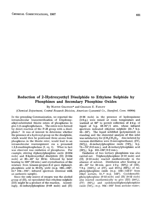 Reduction of 2-hydroxyethyl disulphide to ethylene sulphide by phosphines and secondary phosphine oxides