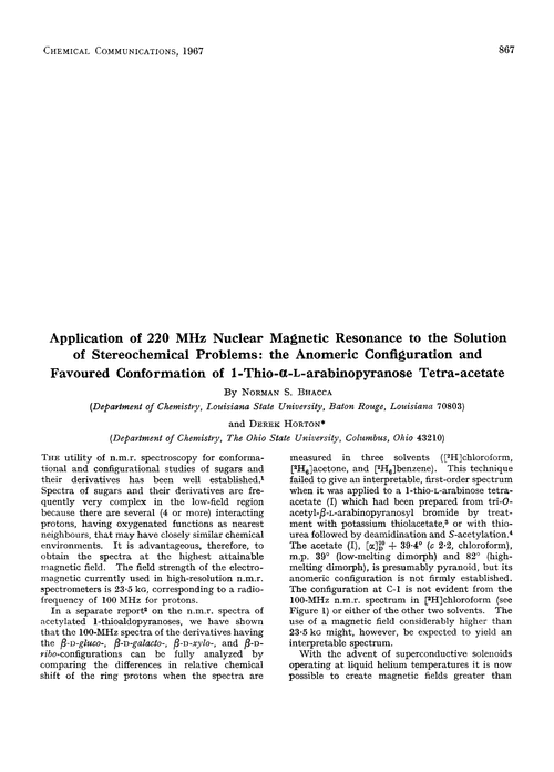 Application of 220 MHz nuclear magnetic resonance to the solution of stereochemical problems: the anomeric configuration and favoured conformation of 1-thio-α-L-arabinopyranose tetra-acetate