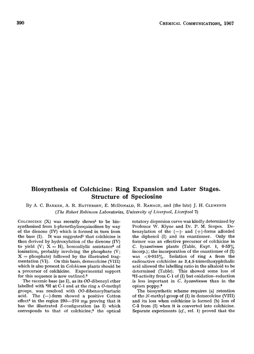 Biosynthesis of colchicine: ring expansion and later stages. Structure of speciosine