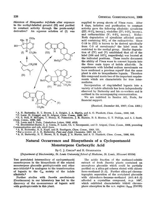 Natural occurrence and biosynthesis of a cyclopentanoid monoterpene carboxylic acid