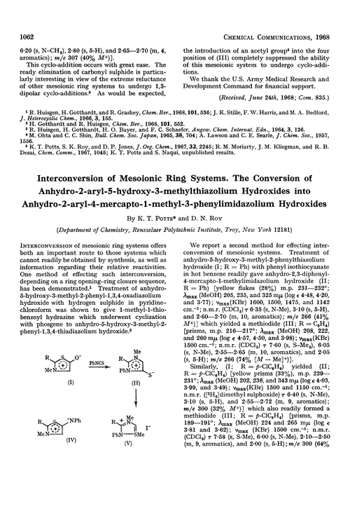 Interconversion of mesoionic ring systems. The conversion of anhydro-2-aryl-5-hydroxy-3-methylthiazolium hydroxides into anhydro-2-aryl-4-mercapto-1-methyl-3-phenylimidazolium hydroxides