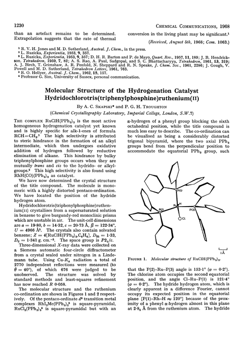 Molecular structure of the hydrogenation catalyst hydridochlorotris(triphenylphosphine)ruthenium(II)