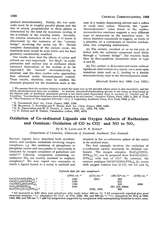 Oxidation of co-ordinated ligands via oxygen adducts of ruthenium and osmium: oxidation of CO to CO32– and no to NO3